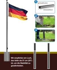 ZMTECH 6m Aluminium Zászlórúd Fekete, Kert és Otthon Dekorációhoz, Német Zászlóval - 6m (20FT), black 4