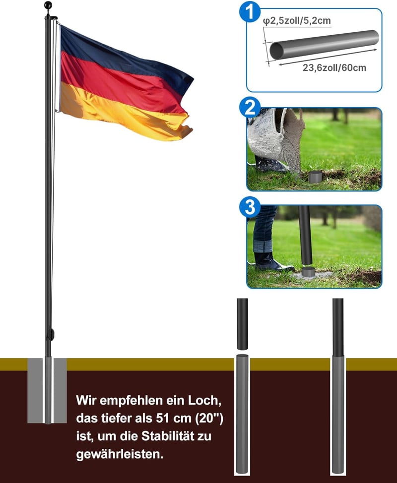 ZMTECH 6m Aluminium Zászlórúd Fekete, Kert és Otthon Dekorációhoz, Német Zászlóval - 6m (20FT), black