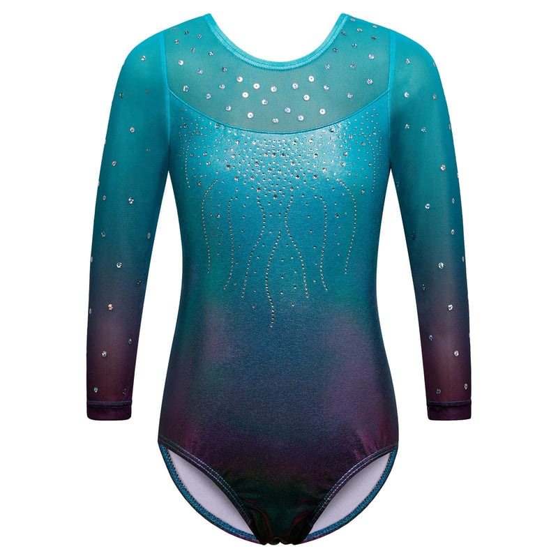 ZNYUNE Aqua Tricou de Gimnastică cu Paiete pentru Fete, Mânecă Lungă, Tulle, Model B285, Mărimea 5 ani