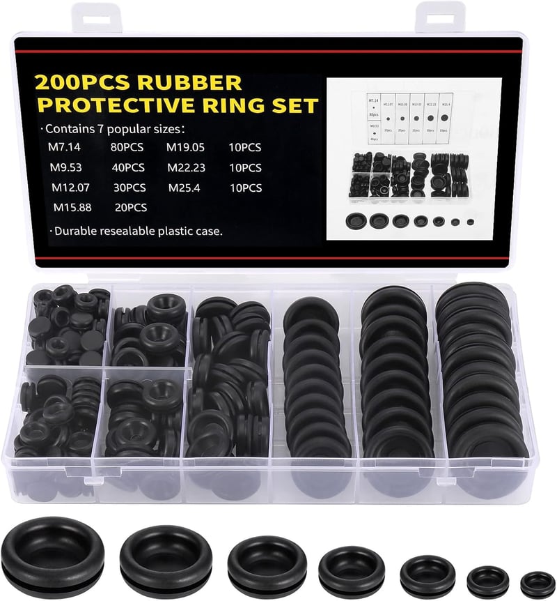 Zocipro Gumi Kábelátvezetők Készlet 200 db - Fekete Gumidugók 7 Méretben Kábelek Védelmére 7-25mm Átmérővel