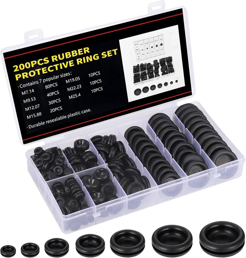Zocipro Gumi Kábelátvezetők Készlet 200 db - Fekete Gumidugók 7 Méretben Kábelek Védelmére 7-25mm Átmérővel