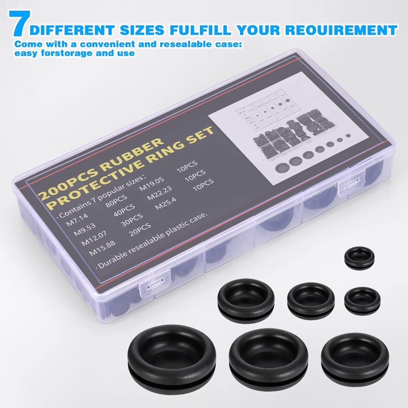 Zocipro Gumi Kábelátvezetők Készlet 200 db - Fekete Gumidugók 7 Méretben Kábelek Védelmére 7-25mm Átmérővel