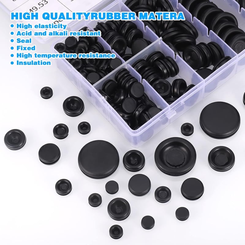Zocipro Gumi Kábelátvezetők Készlet 200 db - Fekete Gumidugók 7 Méretben Kábelek Védelmére 7-25mm Átmérővel