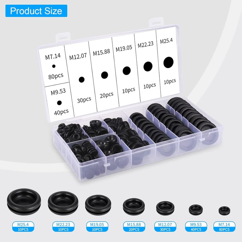 Zocipro Gumi Kábelátvezetők Készlet 200 db - Fekete Gumidugók 7 Méretben Kábelek Védelmére 7-25mm Átmérővel