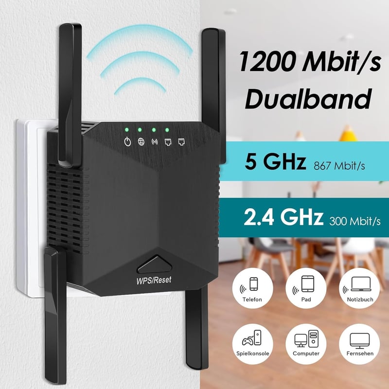 zoeyzoey 1200 Mbps WiFi erősítő, Dual Band WLAN repeater 5GHz és 2.4GHz, WPS funkcióval