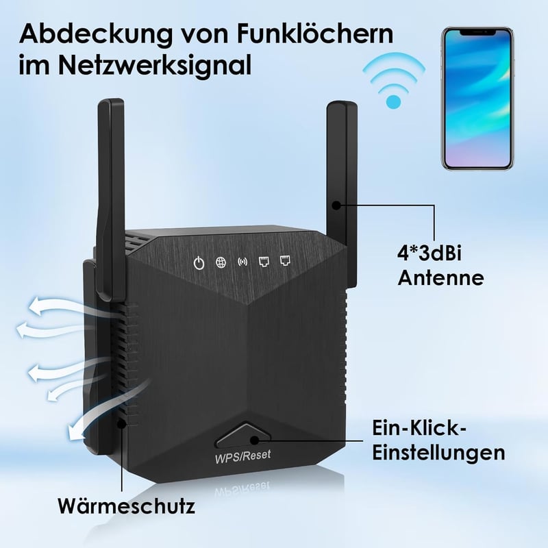 zoeyzoey 1200 Mbps WiFi erősítő, Dual Band WLAN repeater 5GHz és 2.4GHz, WPS funkcióval