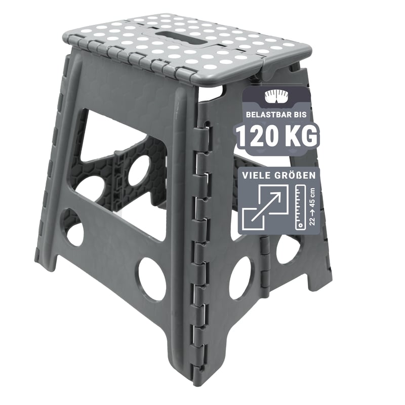 ZOLLNER skladací schodík, výška 39 cm, sivý, s protišmykovým povrchom, pre deti aj dospelých, nosnosť do 120 kg, s rukoväťou
