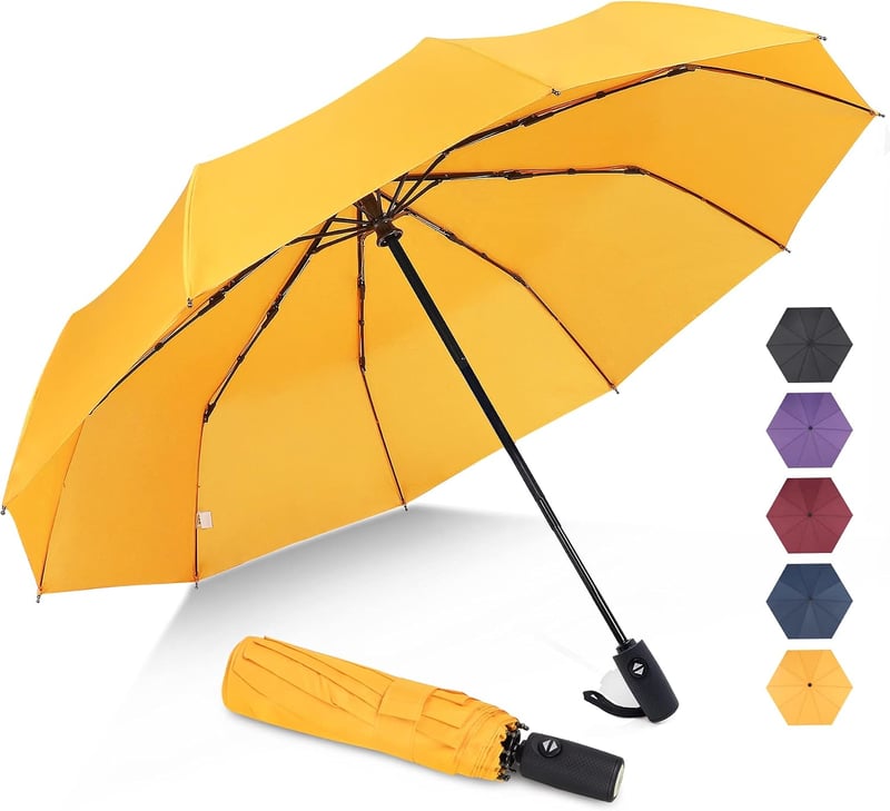 Umbrelă de călătorie compactă, rezistentă la vânt, ZOMAKE, automată, pliabilă, mini umbrelă portabilă de 46 inch, galbenă, pentru bărbați și femei
