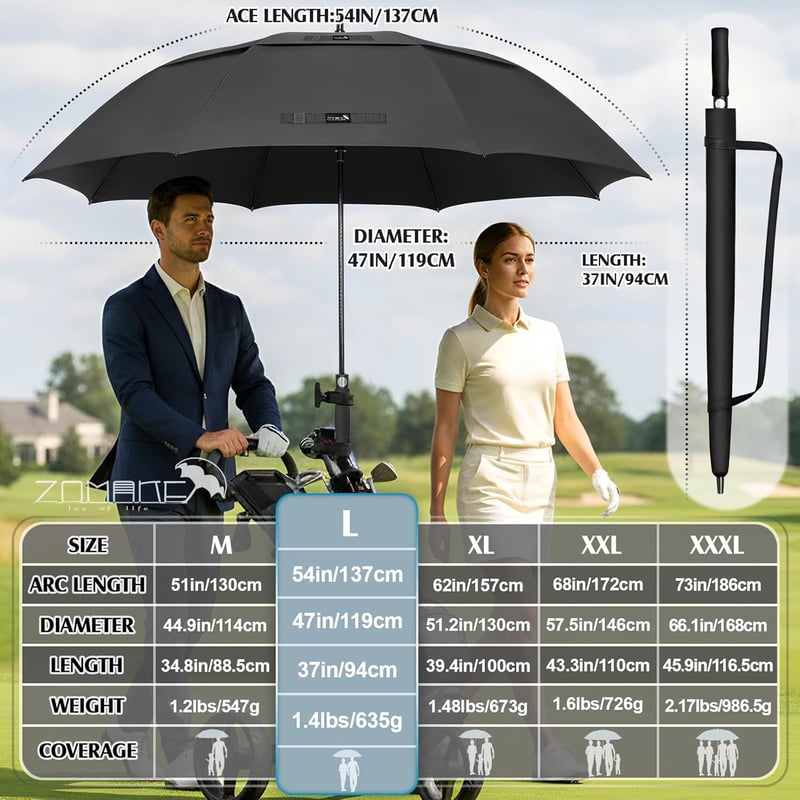 ZOMAKE Nagy szélálló golf esernyő automatával nyitászárás, utazó esernyő hordpánttal, M/L/XL/XXL, fekete