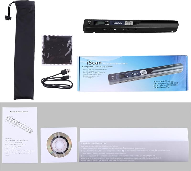 ZONJIE Hordozható Dokumentum és Fotó Szkenner 900 DPI Felbontással, A4 Méretű, USB Tölthető, 16GB SD Kártyával, Fekete