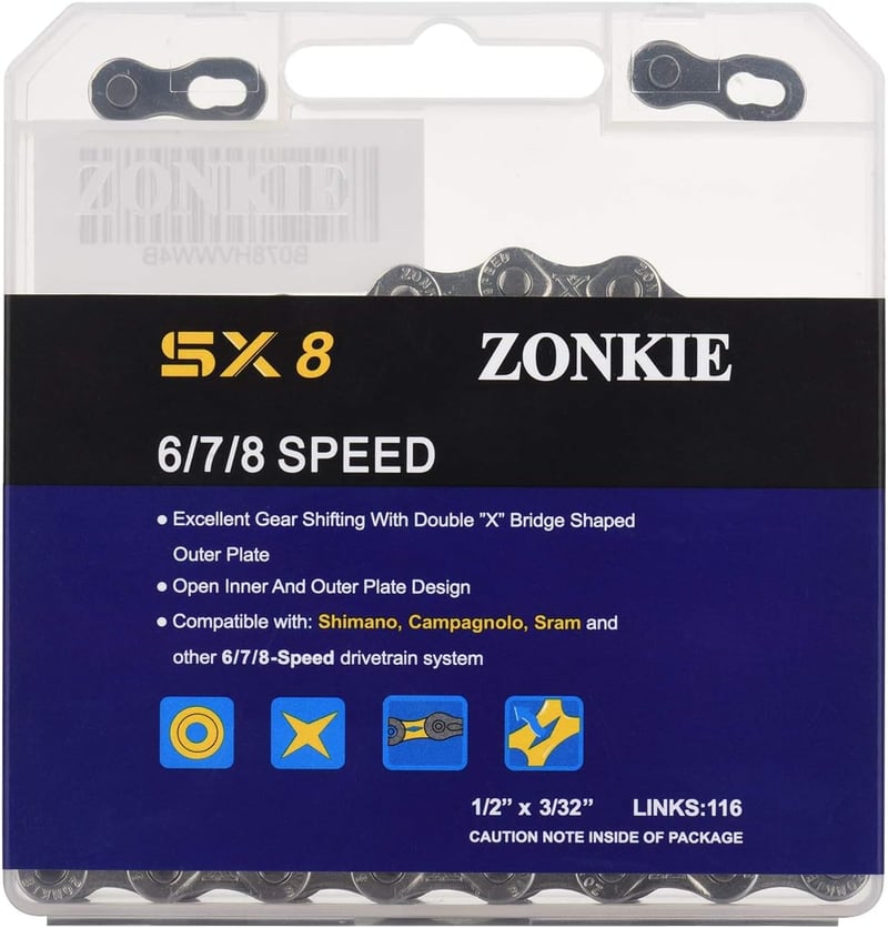 ZONKIE Kerékpárlánc 6/7/8 sebességes 116 láncszemmel Shimano SRAM KMC kompatibilis