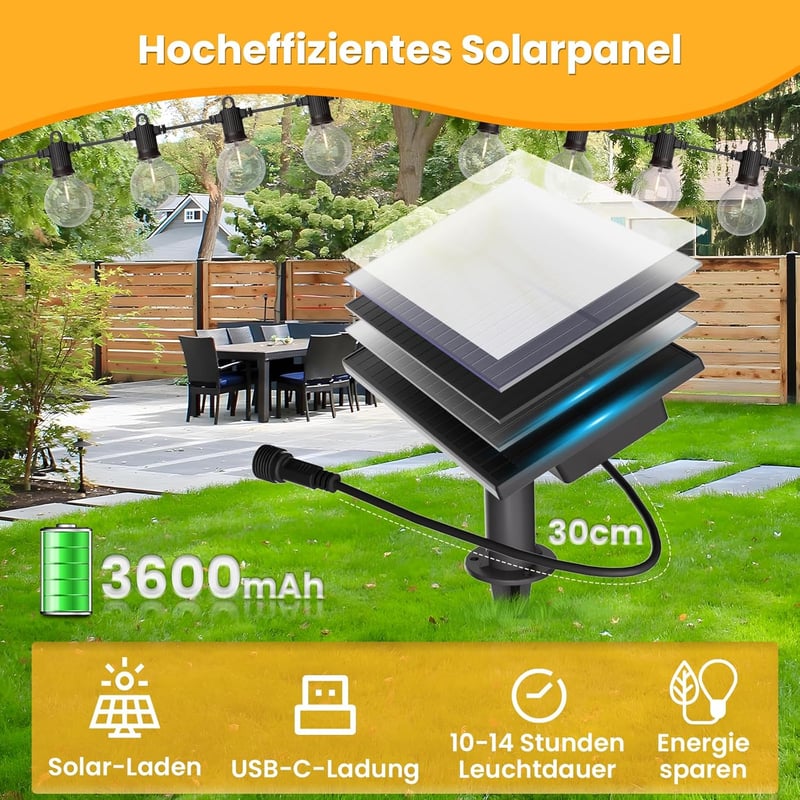 ZOTOYI 15m napelemes LED fényfüzér 20+2 G40 izzóval IP65 vízálló 4 mód meleg fehér