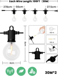 ZOTOYI Vintage LED Fényfüzér 60m, IP65 Vízálló, 100+4 G40 Törhetetlen Izzóval, Beltéri-Kültéri Dekoráció Kerthez, Partikhoz, Teraszra 9