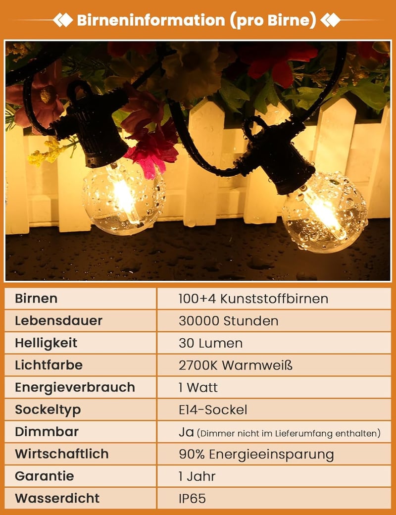ZOTOYI Vintage LED Fényfüzér 60m, IP65 Vízálló, 100+4 G40 Törhetetlen Izzóval, Beltéri-Kültéri Dekoráció Kerthez, Partikhoz, Teraszra