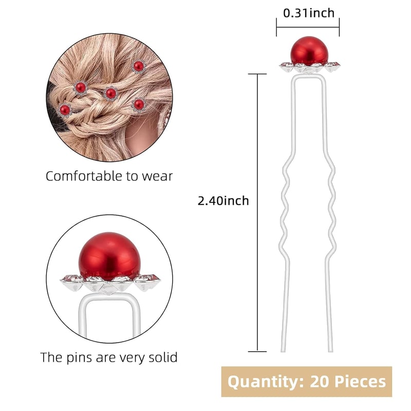 ZOUIQSS Gyöngyös Virág Hajtű Szett - 20 db Piros Strasszköves Hajcsatt Esküvői Frizurához - Átlátszó Tárolódobozzal