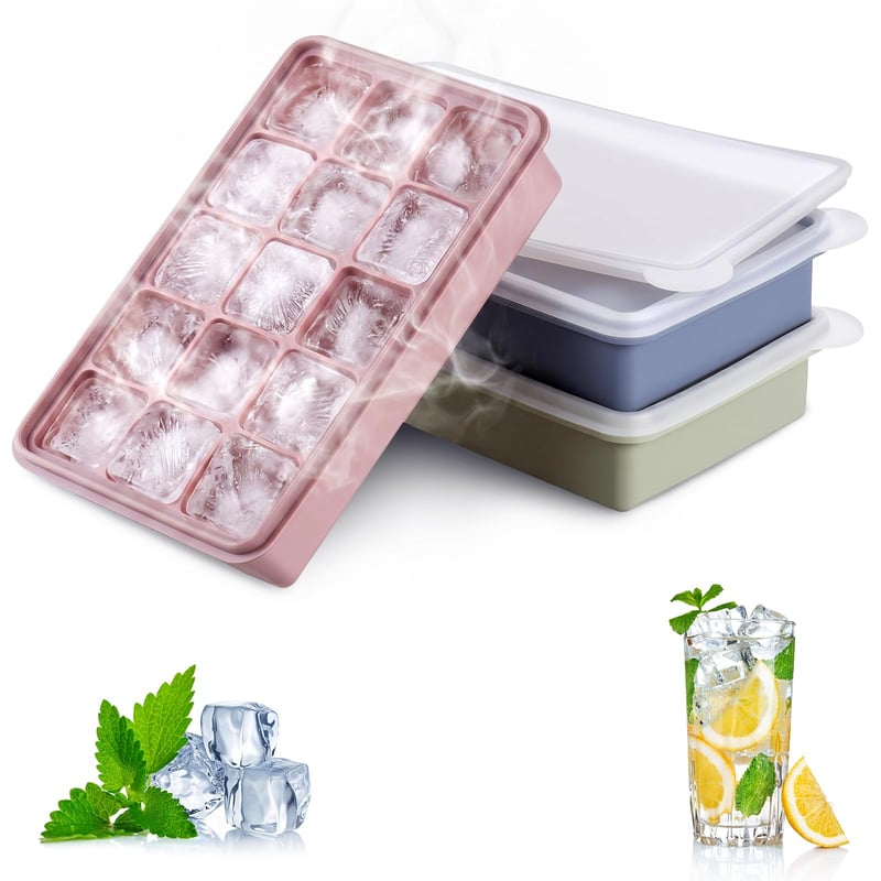 Formă din silicon pentru cuburi de gheață Zourglow cu capac, 3 bucăți, 15 compartimente, cuburi pătrate de 3,3 cm, fără BPA, pentru whisky, cocktail, cafea