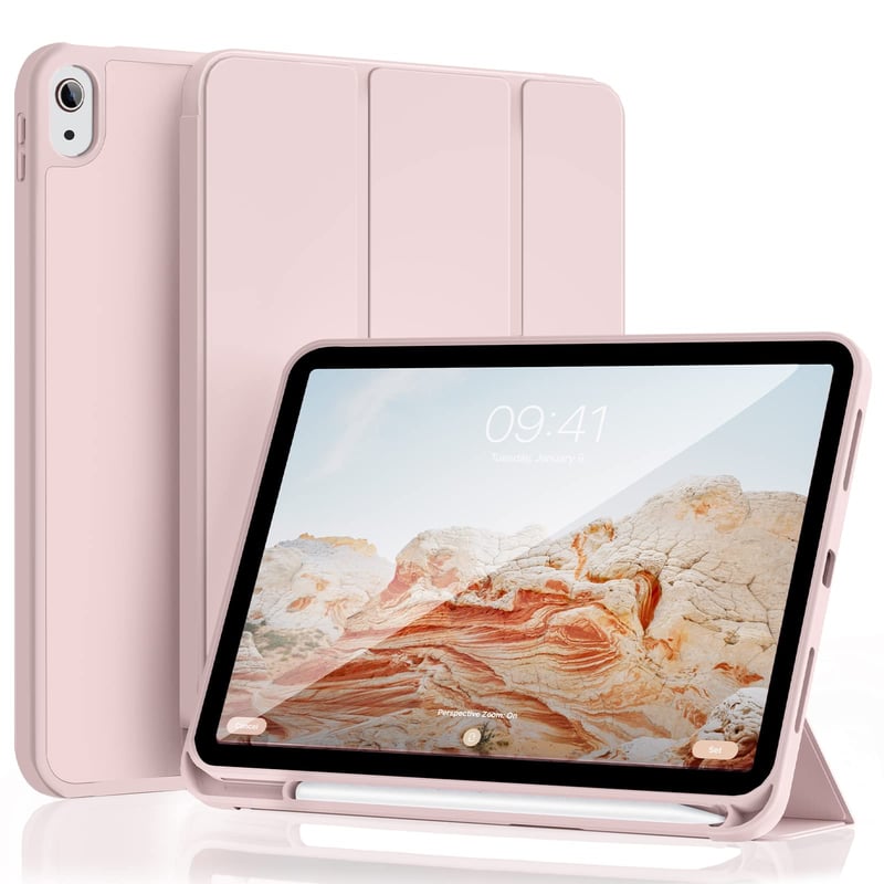 Obal na iPad ZOYU pre 11. generáciu 2025 / 10. generáciu 2022 (10,9 palca) – ružový, s držiakom na ceruzku, TPU zadný kryt, skladací stojan, automatické prebudenie