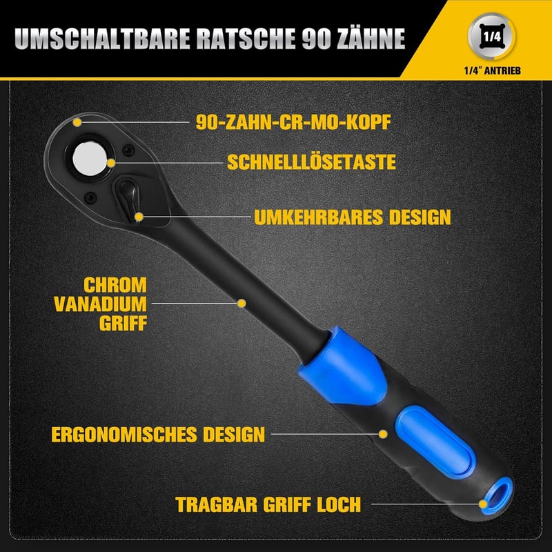 zozoa 1/4 hüvelykes kétirányú racsnis hajtókulcs 90 foggal gyorskioldással ergonomikus puha markolattal króm-molibdén acél 4 fok 13 Nm