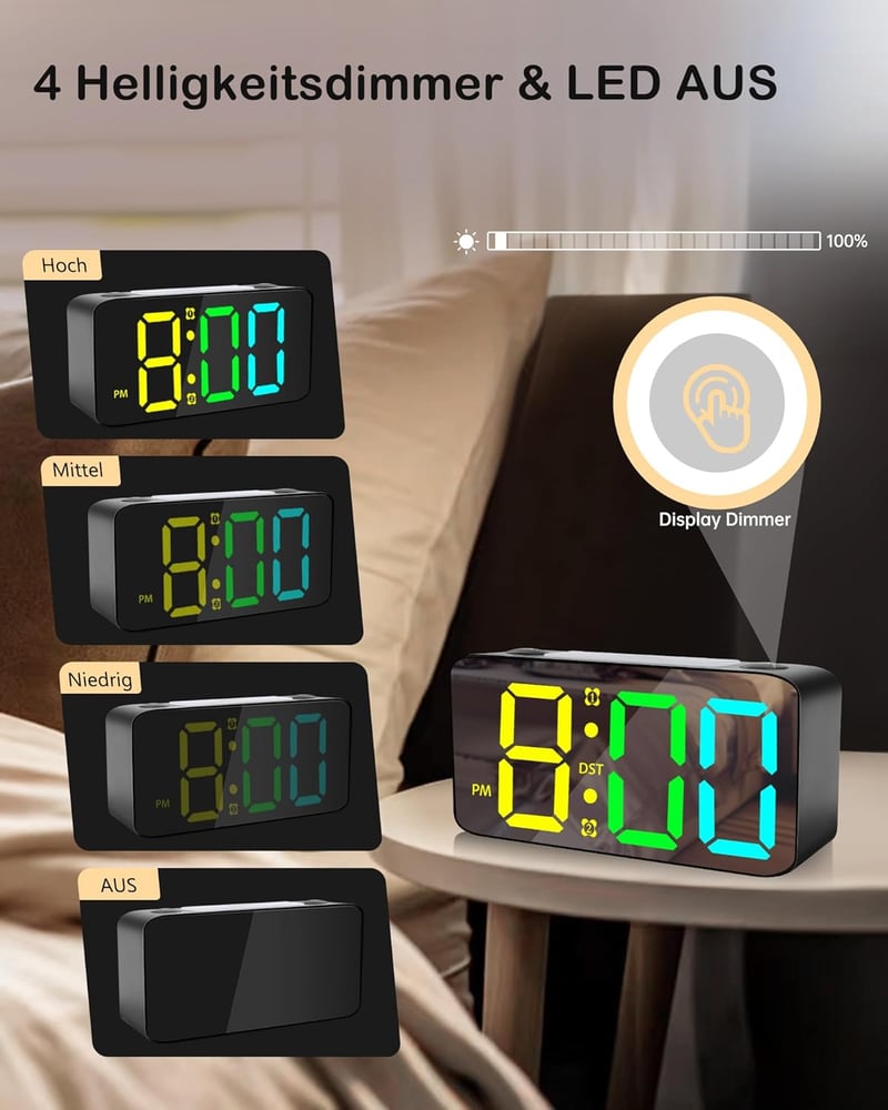 Zpincsipo RGB LED Digitális Ébresztőóra 15 Szín Módú 7" Kijelzővel USB Töltővel
