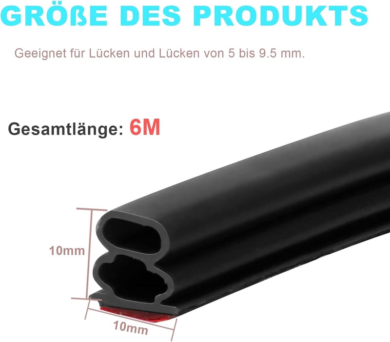 ZSRedHong Fekete Tömítőszalag Öntapadós 10x10mm Ajtó Ablak Gumitömítés 6m