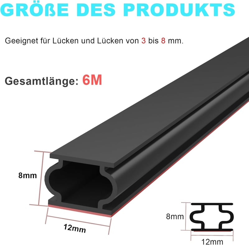 ZSRedHong Öntapadós Ajtószigetelő Szalag 12mm×8mm×6m - Vízálló Gumitömítés Ajtókerethez, Rugalmas Huzatgátló Tömítőcsík, Fekete