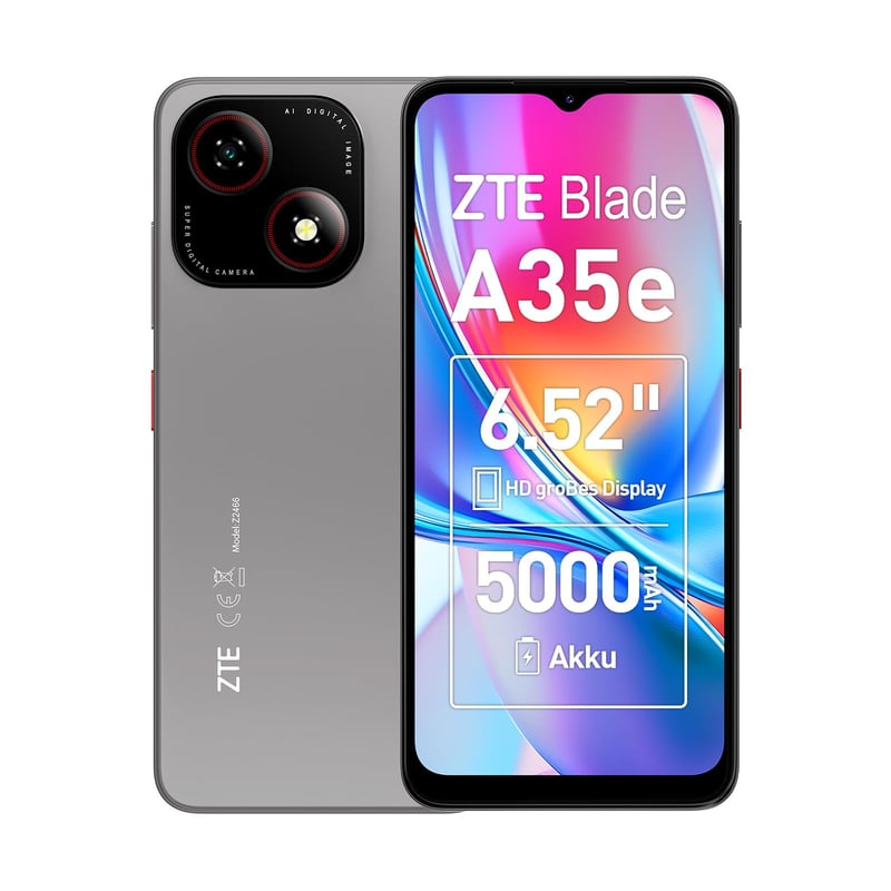 Smartfón ZTE Blade A35e Android, voľný na všetky siete – 2 GB RAM + 64 GB úložisko, striebrosivá, 5000 mAh batéria, 6,52-palcový HD+ displej