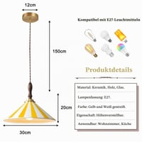 ZTTECH 30 cm-ska vintage keramička visilica na pruge s E27 grlom, drvenim postoljem i podesivom visinom, žuta – za dnevni boravak, spavaću sobu, kuhinju, blagovaonicu 2