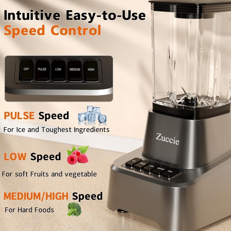 Zuccie 1200W Turmixgép Smoothie Mixer 1.6L Üveg Pohár 3 Fokozat Rozsdamentes Acél Pengék