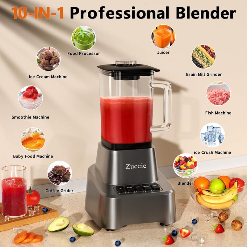 Zuccie 1200W Turmixgép Smoothie Mixer 1.6L Üveg Pohár 3 Fokozat Rozsdamentes Acél Pengék
