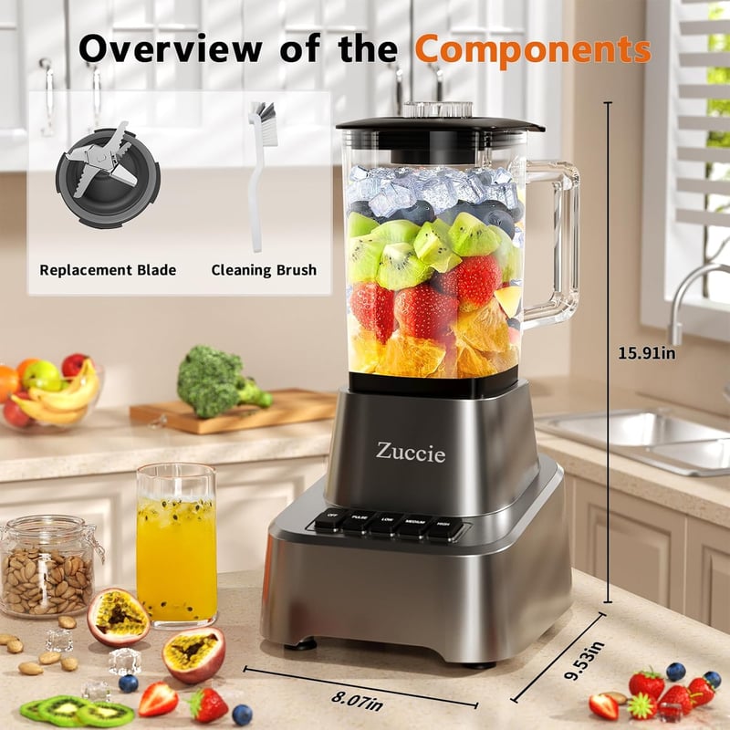 Zuccie 1200W Turmixgép Smoothie Mixer 1.6L Üveg Pohár 3 Fokozat Rozsdamentes Acél Pengék