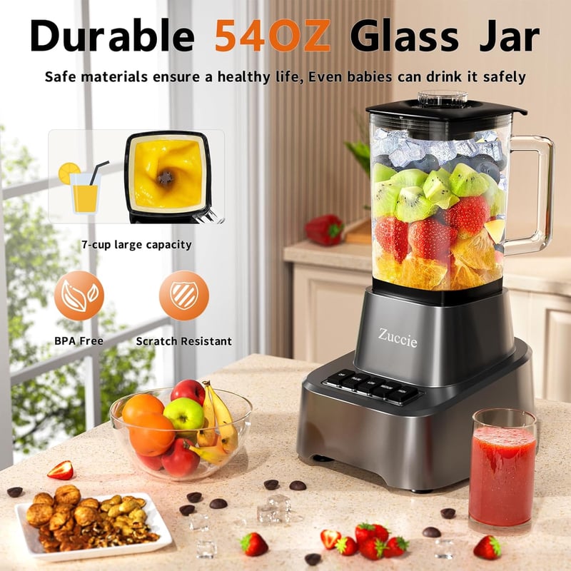 Zuccie 1200W Turmixgép Smoothie Mixer 1.6L Üveg Pohár 3 Fokozat Rozsdamentes Acél Pengék