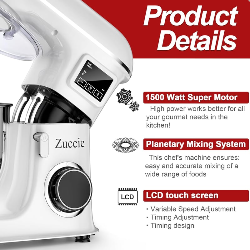 Zuccie Konyhai Robotgép 1500W 8L - 6 Sebességes Dagasztógép LCD Kijelzővel, Kelesztő Funkcióval, Habverővel és Tésztakampóval - Fehér