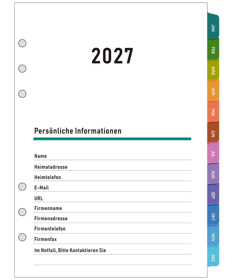 ZXHQ 2027 Týždenný plánovač, náhradné listy do diára A5 so 6 otvormi, nemecký jazyk, 1 týždeň na 2 stranách, farebné karty, papier 100 g/m², január – december