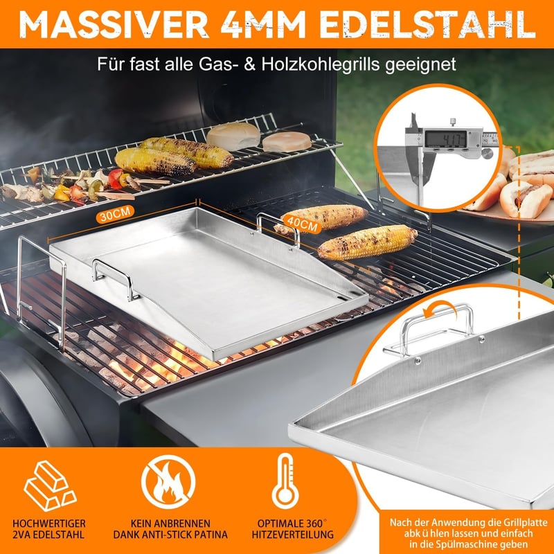 zycBernoi Premium Plancha Grillplaat 40x30cm Rozsdamentes Acél Gázgrill Széngrillhez