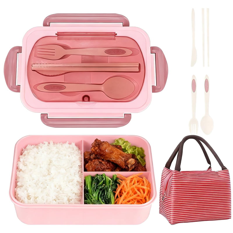ZYETGH Bento kutija s pretincima i torbom, ružičasti set kutija za užinu, 1250 ml, posuda za doručak i ručak