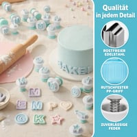 ZYNERY set od 70 kalupa za slova i brojeve za fondant – 26 velikih slova, 26 malih slova, 10 brojeva i 8 motiva za ukrašavanje torti, keksa i čokolade 6