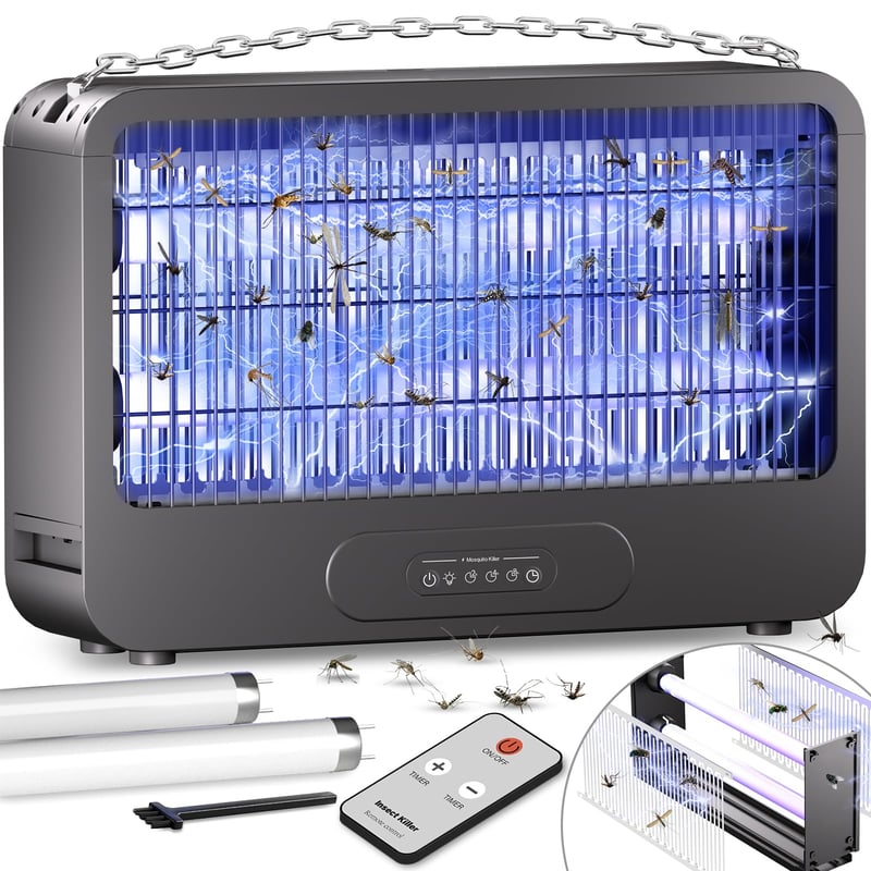 Capcană electrică pentru insecte Zyphoria 3500V cu grilaj dublu de tensiune, aparat anti-țânțari de 20W cu temporizator și telecomandă, două becuri de rezervă, pentru utilizare în interior