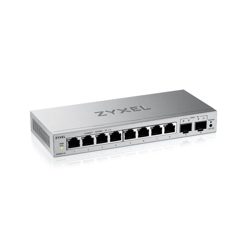 Zyxel GS1200-10v3 8-portový webom spravovaný Gigabit LAN switch, 2x SFP uplink, VLAN, QoS, IGMP Snooping, desktopový sieťový prepínač bez ventilátora