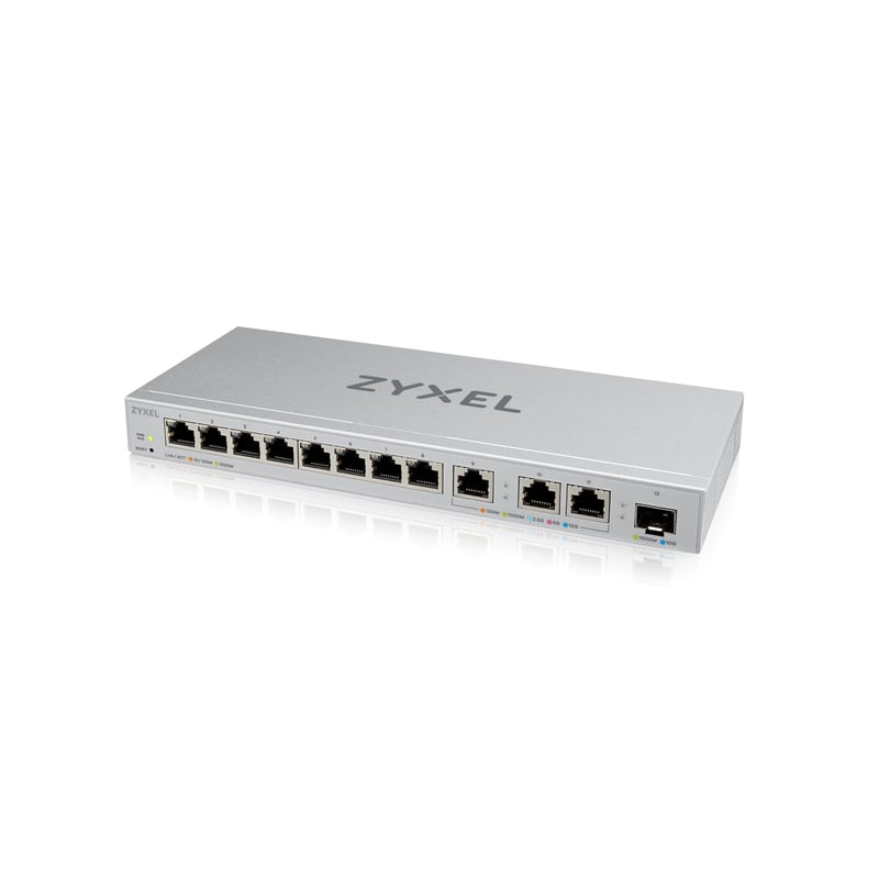 Webovo spravovateľný sieťový prepínač Zyxel XGS1250-12 s 12 portami – 8x 1G + 3x 10G + 1x 10G SFP+ – QoS, VLAN, agregácia liniek, inteligentný ventilátor, strieborný
