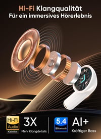 Bezdrôtové slúchadlá ZZU Bluetooth 5.4 s inteligentným dotykovým displejom, potlačením hluku ANC a ENC, výdržou batérie 48 hodín, 5 režimami EQ, HiFi stereo zvukom, vodotesnosťou IPX7, biele 5