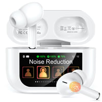 Bezdrôtové slúchadlá ZZU Bluetooth 5.4 s inteligentným dotykovým displejom, potlačením hluku ANC a ENC, výdržou batérie 48 hodín, 5 režimami EQ, HiFi stereo zvukom, vodotesnosťou IPX7, biele 1