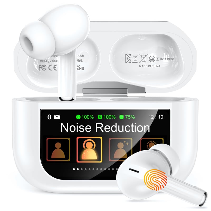Bezdrôtové slúchadlá ZZU Bluetooth 5.4 s inteligentným dotykovým displejom, potlačením hluku ANC a ENC, výdržou batérie 48 hodín, 5 režimami EQ, HiFi stereo zvukom, vodotesnosťou IPX7, biele