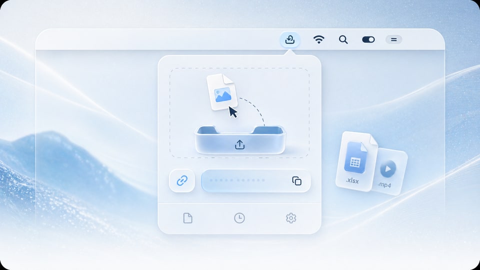 Mac menu bar sharing panel with a file drop area and link controls