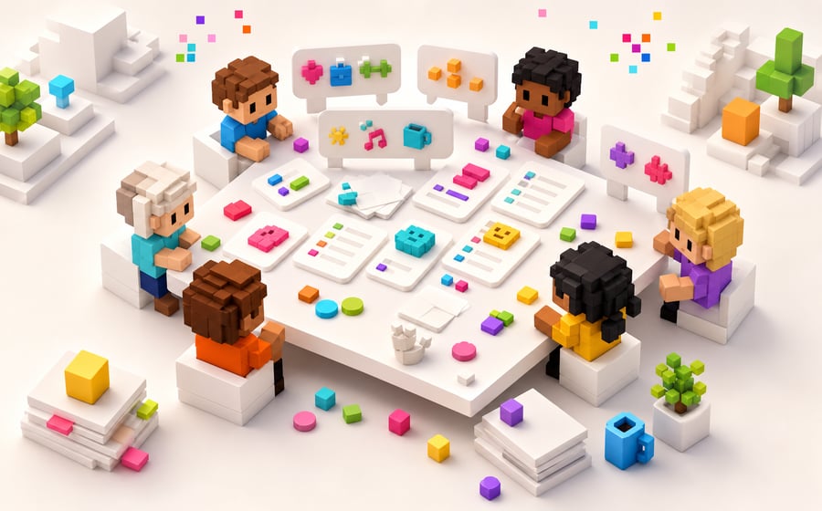 Voxel players gathered around speech panels on a white party-game stage