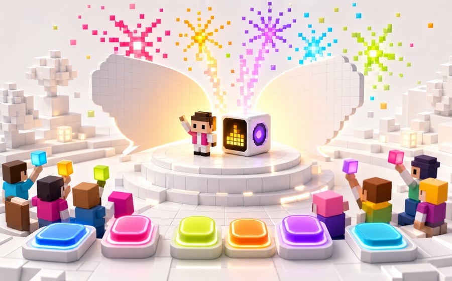 Voxel reveal stage with players, speech panels, and pixel-firework bursts