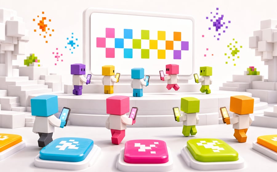 Voxel players and colorful vote pads around a bright shared-screen game stage