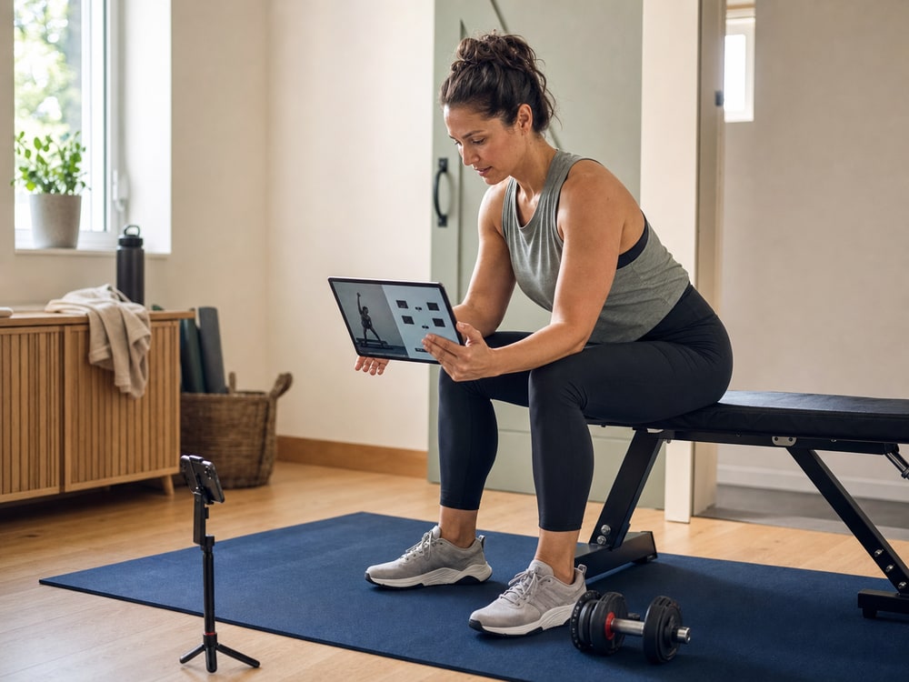 A client reviewing an online strength program in a practical home training space