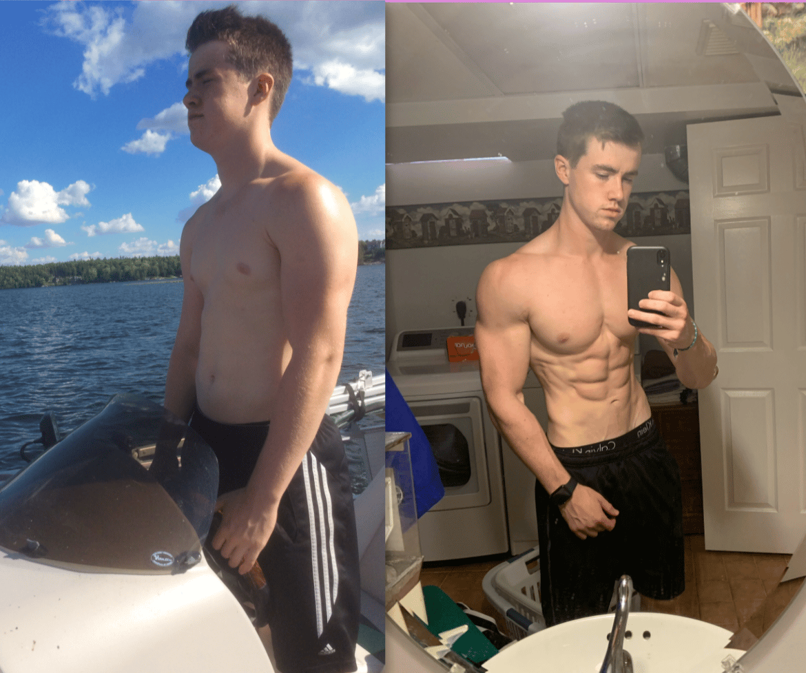 Side-by-side comparison showing Tyler's own fitness progress