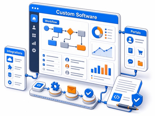 Bespoke operations platform replacing spreadsheets and disconnected tools with workflow engine, customer portal, admin dashboard, integration hub, automation route, reporting surface, and code ownership handoff document