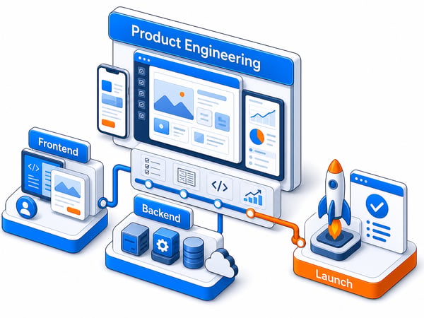 Full-stack product workspace with layered customer-facing screens, backend service blocks, product roadmap lane, launch path, dashboards, portals, SaaS features, and production release ownership